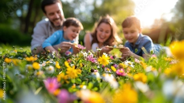 Fototapeta Joyful Family Enjoying a Picnic on Flowery Grass, Sharing Food Together Under Warm Sunlight in the Park.