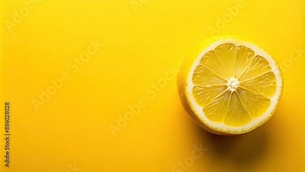 Fototapeta Freshly sliced bright yellow lemon on a vibrant yellow background with plenty of copy space, perfect for adding text or graphics, creating a refreshing design.