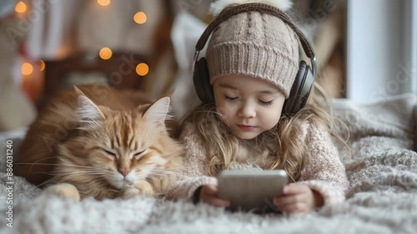 Fototapeta A young child and a fluffy cat share a cozy moment, enjoying music together in a warm, festive ambiance.