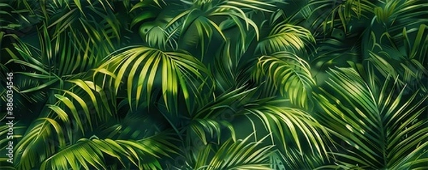 Obraz Tropical rainforest, palm fronds, leaves sparsely strewn with sunlight spills, nature, greenery, forest, banner