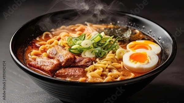 Fototapeta A steaming bowl of ramen noodles with a rich broth, and a softboiled eggs