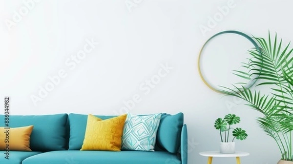 Fototapeta Vibrant turquoise sectional sofa with colorful, patterned cushions in a stylish living room featuring indoor plants and a sunburst mirror, creating a cozy and inviting atmosphere.