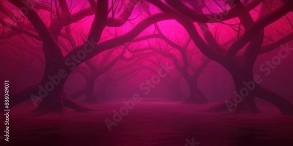 Fototapeta Abstract forest scene with twisted trees and neon pink glow, creating a haunting and surreal atmosphere.