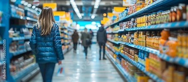 Fototapeta Colorful supermarket aisle featuring bright blue shelves, with blurred unrecognizable customers in the backdrop, adding a sense of movement and modernity.