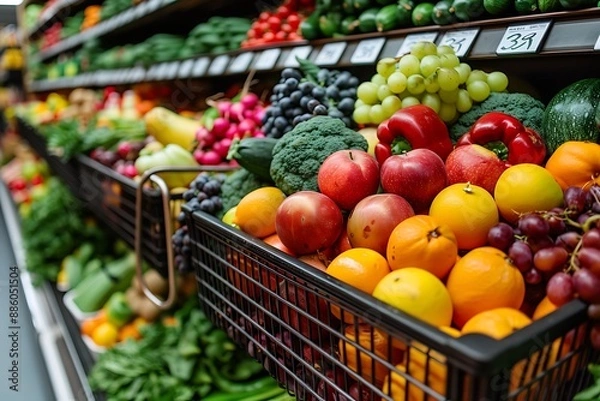 Fototapeta Shopping basket filled with vibrant fruits and vegetables, set against a backdrop of a grocery supermarket aisle with shelves stocked in green tones.