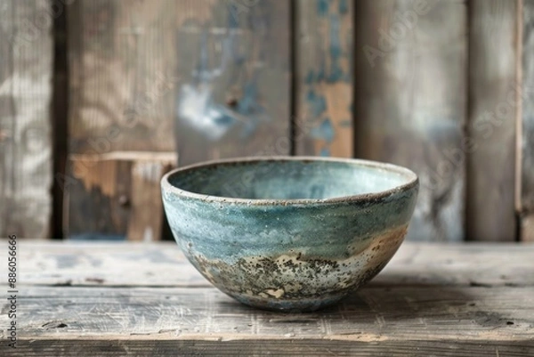 Fototapeta Empty blue ceramic bowl standing on rustic wooden table against wooden background