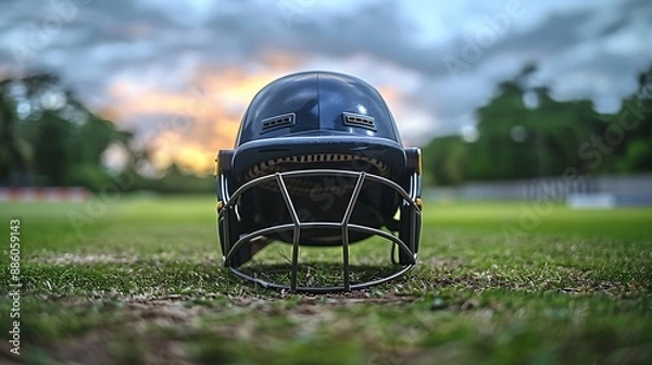 Fototapeta A cricket batting helmet with a robust protective grill, set against the backdrop of a lush green cricket field. The focus is on safety and precision in the sport.