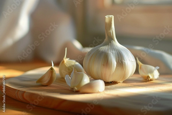 Fototapeta Garlic bulb on wooden kitchen table. Generative AI