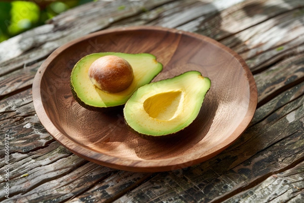 Fototapeta Sliced half of ripe Avocado fruit and its pit exposed and sitting on wooden plate. Generative AI