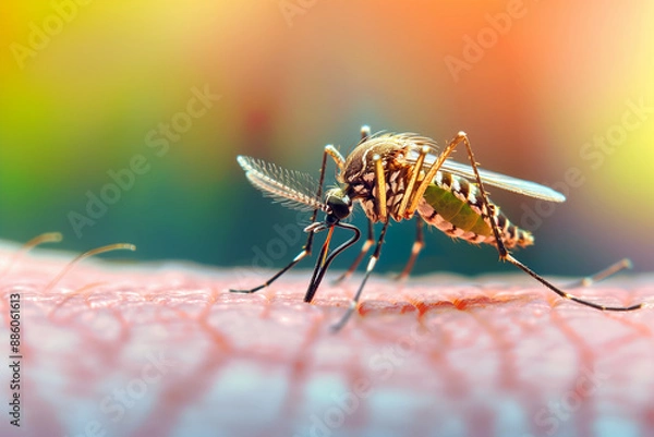 Fototapeta A mosquito on skin with blurry background. Generative AI