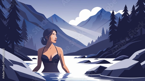 Fototapeta A woman in a bikini in a mountain river.Surprise in the mountain stream.Bright vector: swimming in the mountains.Refreshing swim: A woman in a black bikini in a mountain river.Vector illustration: the
