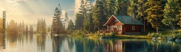 Obraz Generate a professional  high quality image of a beautiful lakeside log cabin