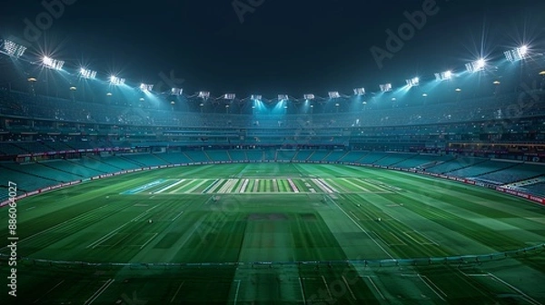 Fototapeta Panoramic view of a cricket stadium at night, lights casting a radiant glow across the field and stands.