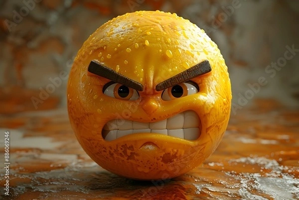 Fototapeta 3D emoji face in yellow, exuding a confident and determined expression, symbolizing strength and resolve.