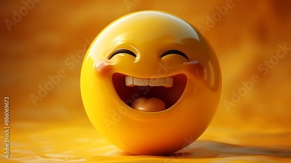 Fototapeta 3D emoji face in yellow, laughing heartily with closed eyes, capturing a moment of pure joy and amusement.