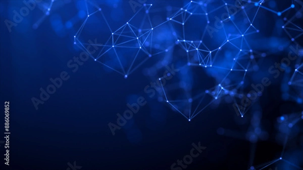Fototapeta  plexus on a blue background. Abstract neon connection of dots and lines on a dark background. Blue particles and polygons slowly fly, futuristic interweaving of digital data. Neural networks