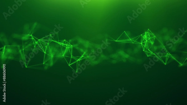 Fototapeta Abstract background of green plexus connected by lines and dots, nodes. Smooth motion scientific pattern. Neural networks concept on green background. Intersection 4k