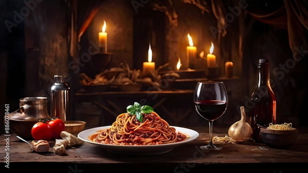 Fototapeta spaghetti bolognese with cheese and red wine on the table