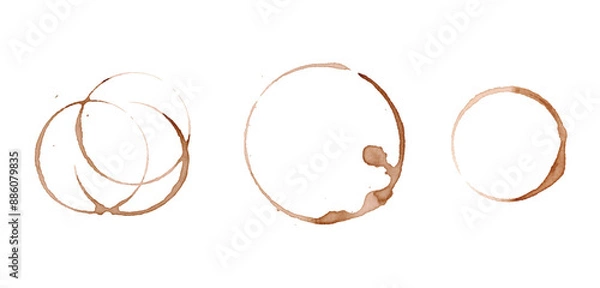 Fototapeta A set of round coffee spots, splashes from a cup on a white background, hand-drawn, watercolor illustration. Elements for design, menu design, tablecloths. The trace is dirty from the drink 