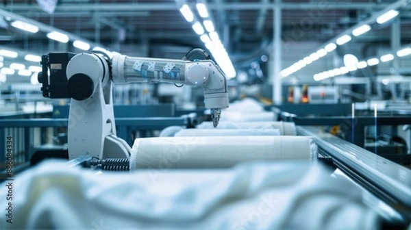 Obraz A robotic arm efficiently manages textile processing in a high-tech automated industrial environment.