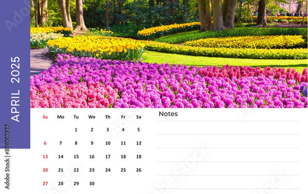 Fototapeta Set of horizontal flip calendars with amazing landscapes and place for notes. April 2025. Blooming colorful flowers in Keukenhof park. Splendid spring view of Netherlands, Europe.