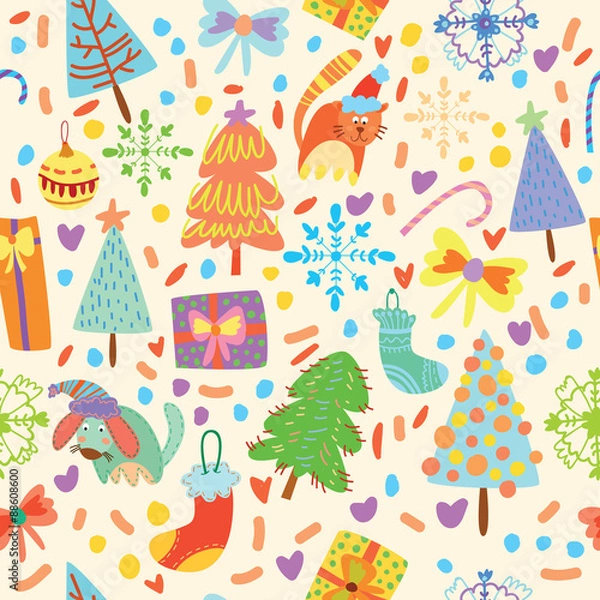 Fototapeta Cartoon seamless pattern. Christmas background in vector