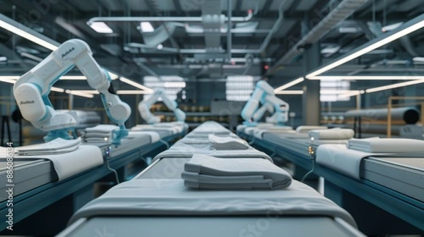 Obraz Robotic arms efficiently handle linen in a highly automated textile production line.