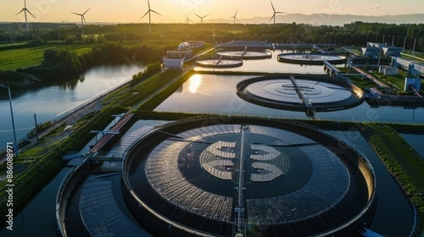 Fototapeta Aerial view of a water treatment facility at sunset, highlighting the plant's modern infrastructure.