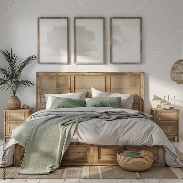 Fototapeta  coastal wooden bed with green pillows and bedside cabinets against white wall with posters frames 