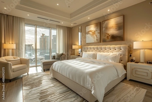 Fototapeta Hotel Room With Modern Minimalist: Clean lines, neutral colors, and uncluttered space with sleek furniture