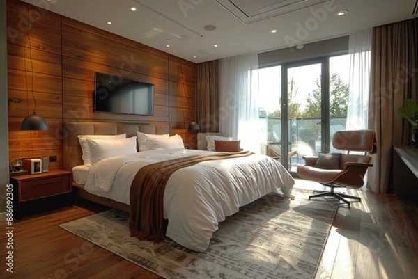 Fototapeta Hotel Room With Modern Minimalist: Clean lines, neutral colors, and uncluttered space with sleek furniture