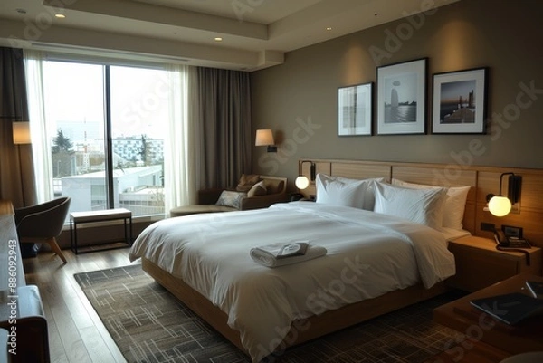 Fototapeta Hotel Room With Modern Minimalist: Clean lines, neutral colors, and uncluttered space with sleek furniture