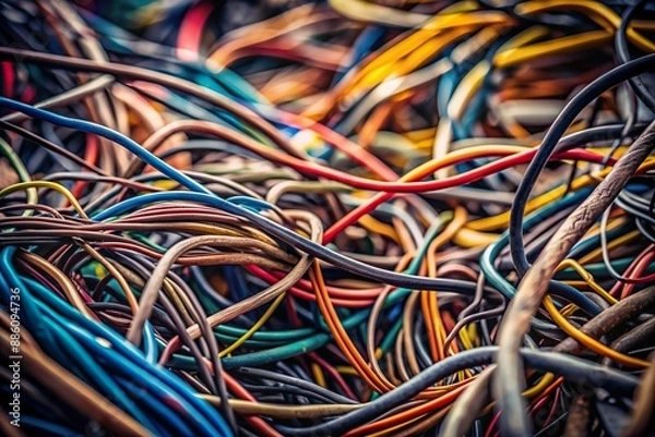 Fototapeta entangled messy electrical cord pile. Machine wire