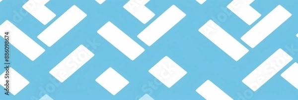 Fototapeta Abstract geometric design with white rectangular and square shapes on a light blue banner