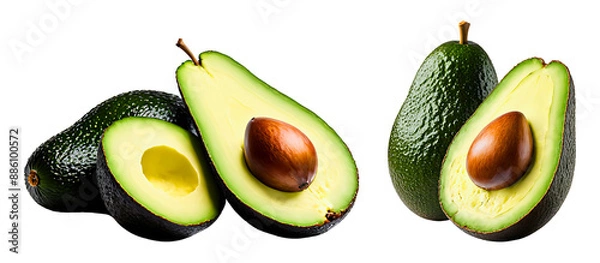Fototapeta Half sliced avocado fruit with seed isolated on a transparent background, avocado fruit cutout