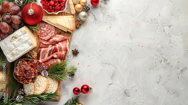 Fototapeta Festive charcuterie board with meats, cheeses, crackers, and decorative ornaments on textured backdrop