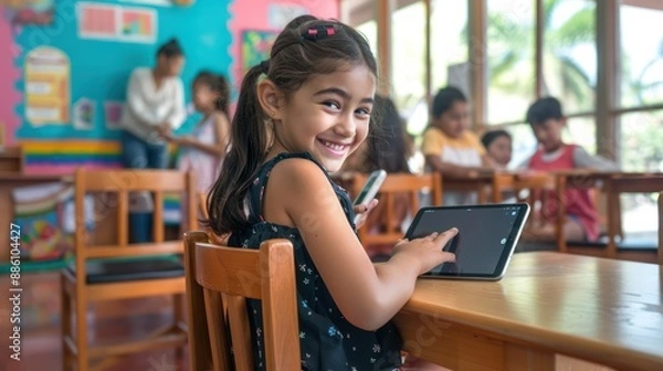 Fototapeta Girl at a desk with an iPad, smiling, in a colorful classroom with other students and a teacher.