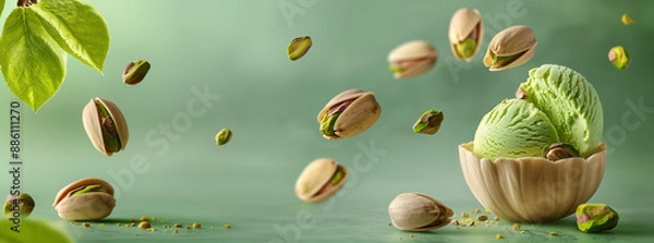Obraz Green pistachio ice cream semifreddo dessert banner. Food dynamic macro photography with blurred green background with copy space.  Cool summer taste refreshment food concept macro photography.