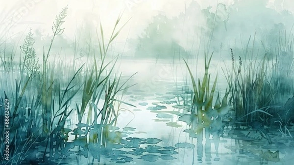 Fototapeta An early morning watercolor landscape featuring a foggy marshland, with delicate reeds and water plants in soft greens and blues emerging from the mist.