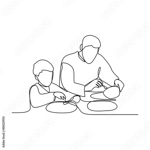 Fototapeta One continuous line drawing of family dining activities vector illustration. Family meal activity themes design illustration simple linear style vector concept. food and drinks are on the dining table