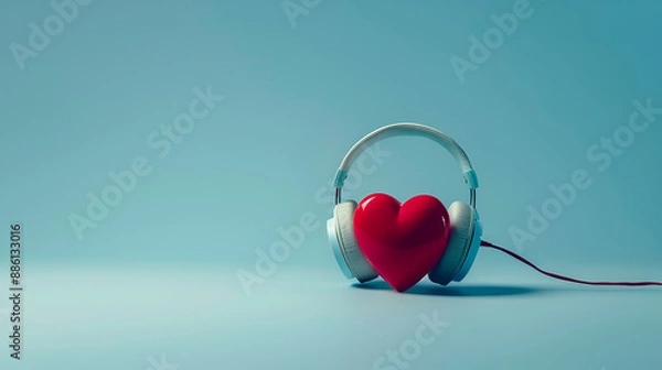 Fototapeta Red heart with headphones on blue background, listen to your heart and heart care concept	