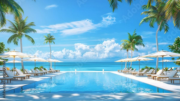 Fototapeta Beautifull luxury swimming pool near beach front, looking sea view and morning time background	