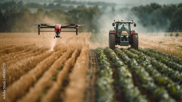 Obraz Highlighting agricultural robotics: a crop-spraying drone and an autonomous tractor plowing side by side.

