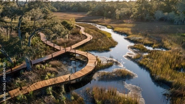 Fototapeta Capture an aerial view of wetlands with a boardwalk trail leading through the marsh, offering educational signage about local ecology.