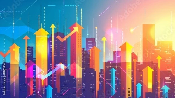 Obraz A colorful vector illustration of a business graph with arrows rising above a cityscape skyline