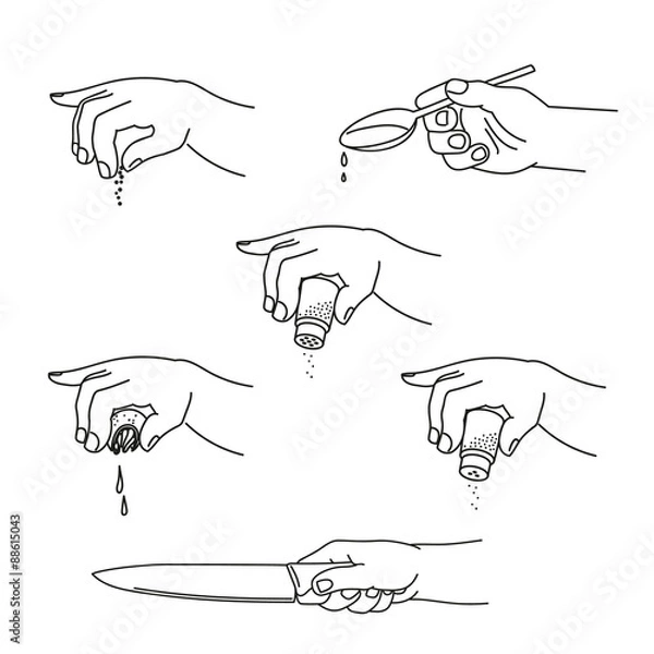 Obraz Cooking icons set. Hand with spices, spoon, salt, pepper, lemon and knife. EPS10 vector illustration