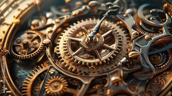 Fototapeta Old-fashioned clock with gears and cogs, illustrating the beauty of mechanical design