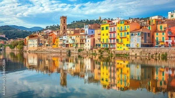 Fototapeta Scenic view of the old town of Bosa, with colorful houses reflecting in the Temo River