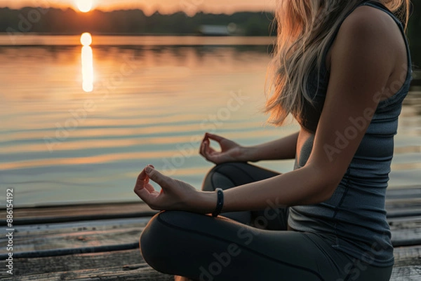 Fototapeta Calm morning meditation by the lake, young woman outdoors on the pier, wellness concept