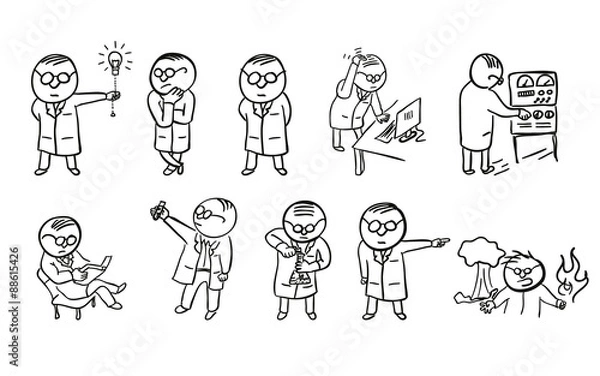 Obraz Set of doodle scientist character. Vector sketch